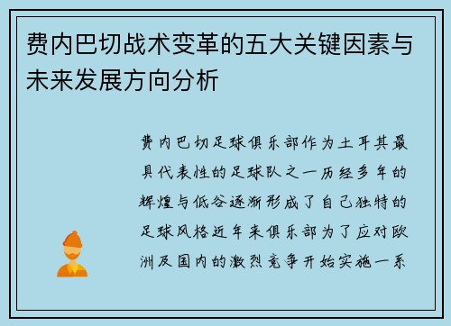 费内巴切战术变革的五大关键因素与未来发展方向分析 费内巴切战术变革的五大关键因素与未来发展方向分析