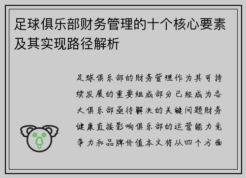 足球俱乐部财务管理的十个核心要素及其实现路径解析 足球俱乐部财务管理的十个核心要素及其实现路径解析
