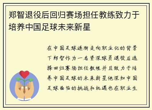 郑智退役后回归赛场担任教练致力于培养中国足球未来新星 郑智退役后回归赛场担任教练致力于培养中国足球未来新星