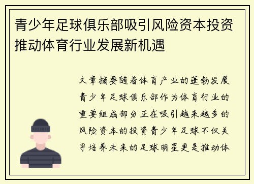 青少年足球俱乐部吸引风险资本投资推动体育行业发展新机遇 青少年足球俱乐部吸引风险资本投资推动体育行业发展新机遇