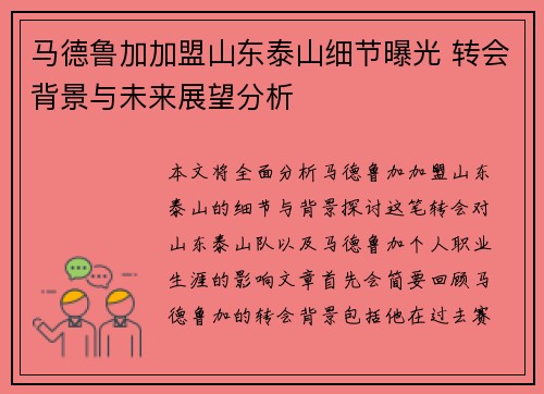 马德鲁加加盟山东泰山细节曝光 转会背景与未来展望分析 马德鲁加加盟山东泰山细节曝光 转会背景与未来展望分析