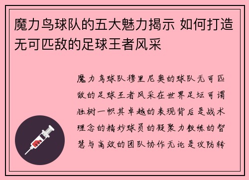 魔力鸟球队的五大魅力揭示 如何打造无可匹敌的足球王者风采 魔力鸟球队的五大魅力揭示 如何打造无可匹敌的足球王者风采