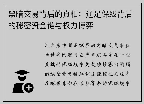 黑暗交易背后的真相:辽足保级背后的秘密资金链与权力博弈 黑暗交易背后的真相:辽足保级背后的秘密资金链与权力博弈